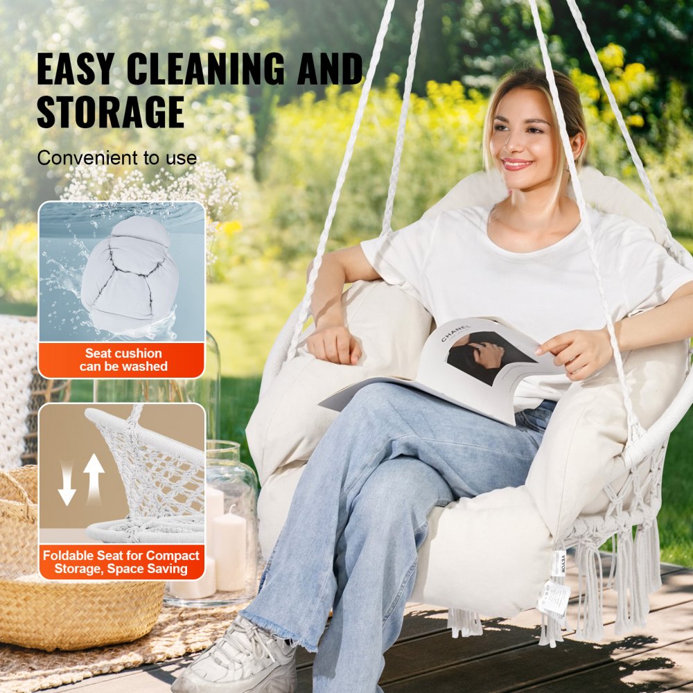 VEVOR Hanging Hammock Swing Chair, Macramé Hanging Chair with Cushion and Mounting Hardware, Cotton Rope Swing Chair for Bedroom, Balcony, Patio, Garden, 264 lbs Capacity, White