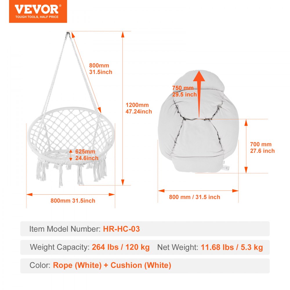 VEVOR Hanging Hammock Swing Chair, Macramé Hanging Chair with Cushion and Mounting Hardware, Cotton Rope Swing Chair for Bedroom, Balcony, Patio, Garden, 264 lbs Capacity, White