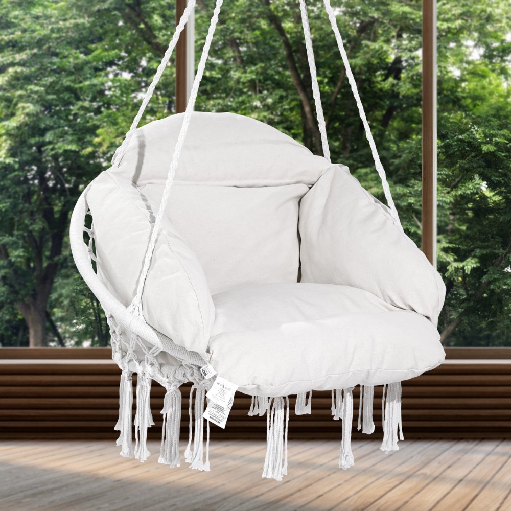 VEVOR Hanging Hammock Swing Chair, Macramé Hanging Chair with Cushion and Mounting Hardware, Cotton Rope Swing Chair for Bedroom, Balcony, Patio, Garden, 264 lbs Capacity, White
