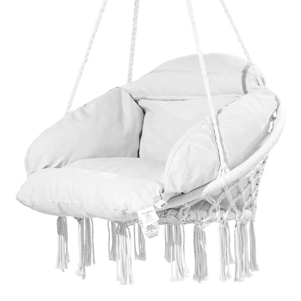 VEVOR Hanging Hammock Swing Chair, Macramé Hanging Chair with Cushion and Mounting Hardware, Cotton Rope Swing Chair for Bedroom, Balcony, Patio, Garden, 264 lbs Capacity, White