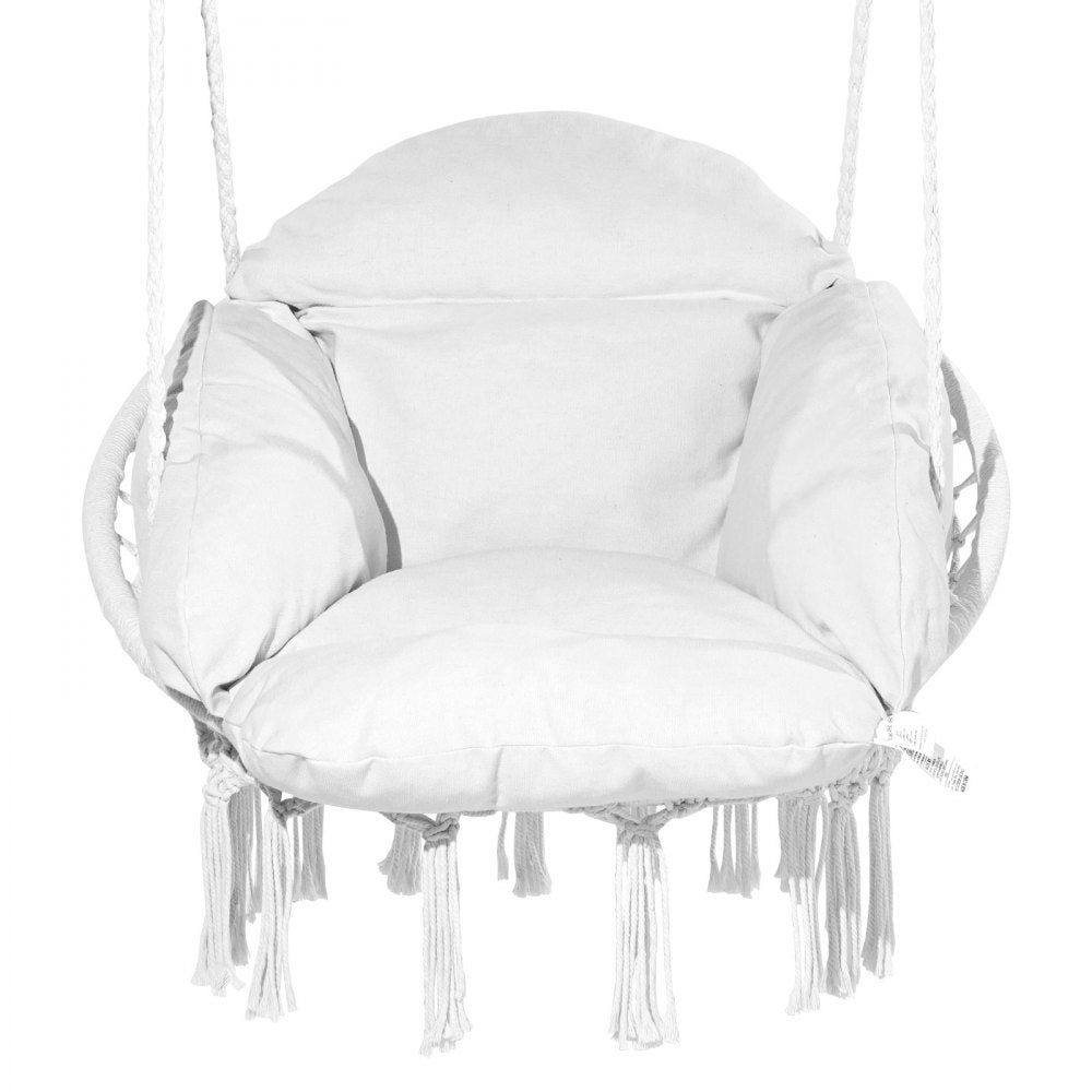 VEVOR Hanging Hammock Swing Chair, Macramé Hanging Chair with Cushion and Mounting Hardware, Cotton Rope Swing Chair for Bedroom, Balcony, Patio, Garden, 264 lbs Capacity, White