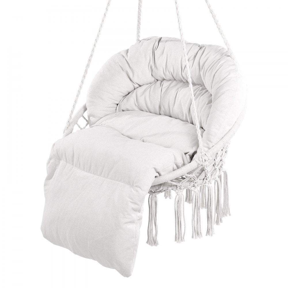 VEVOR Hanging Hammock Swing Chair, 330 Lbs Capacity, Macramé Hanging Chair with Cushion and Mounting Hardware, Cotton Rope Swing Chair for Bedroom, Balcony, Patio, Garden, Beige