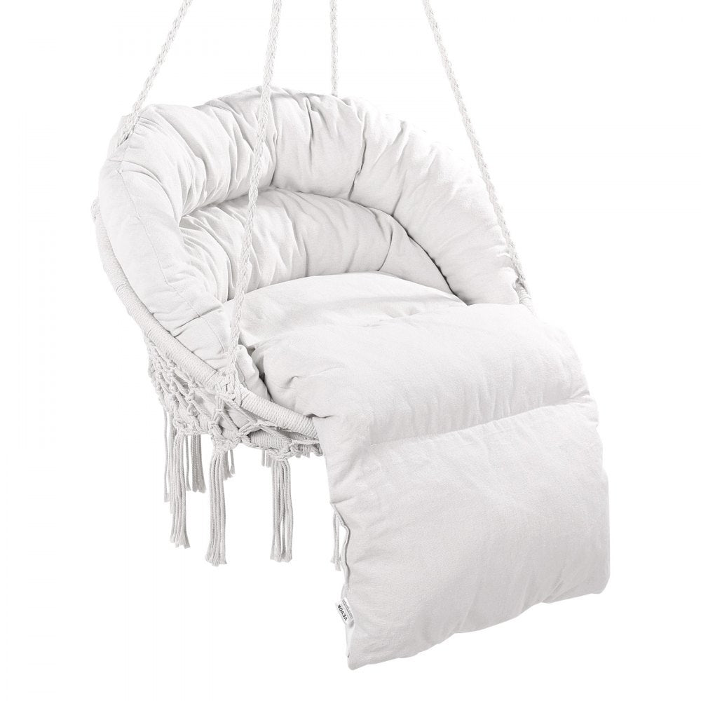 VEVOR Hanging Hammock Swing Chair, 330 Lbs Capacity, Macramé Hanging Chair with Cushion and Mounting Hardware, Cotton Rope Swing Chair for Bedroom, Balcony, Patio, Garden, Beige