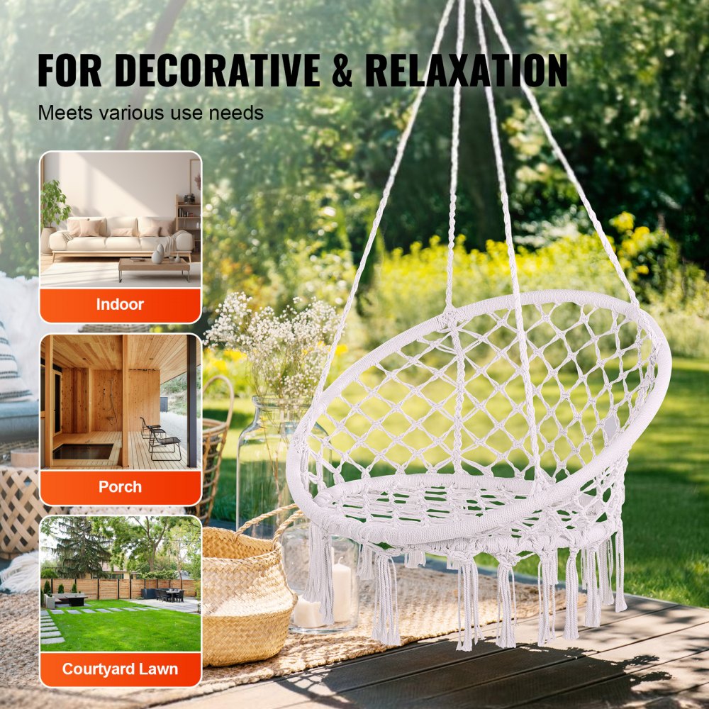 VEVOR Hanging Hammock Swing Chair, 330 Lbs Capacity, Macramé Hanging Chair with Mounting Hardware, Cotton Rope Swing Chair for Bedroom, Balcony, Patio, Garden, White