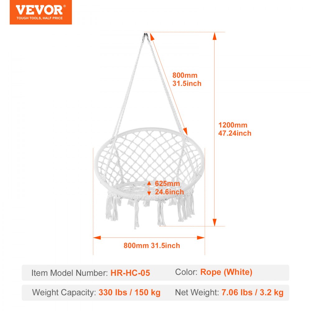 VEVOR Hanging Hammock Swing Chair, 330 Lbs Capacity, Macramé Hanging Chair with Mounting Hardware, Cotton Rope Swing Chair for Bedroom, Balcony, Patio, Garden, White