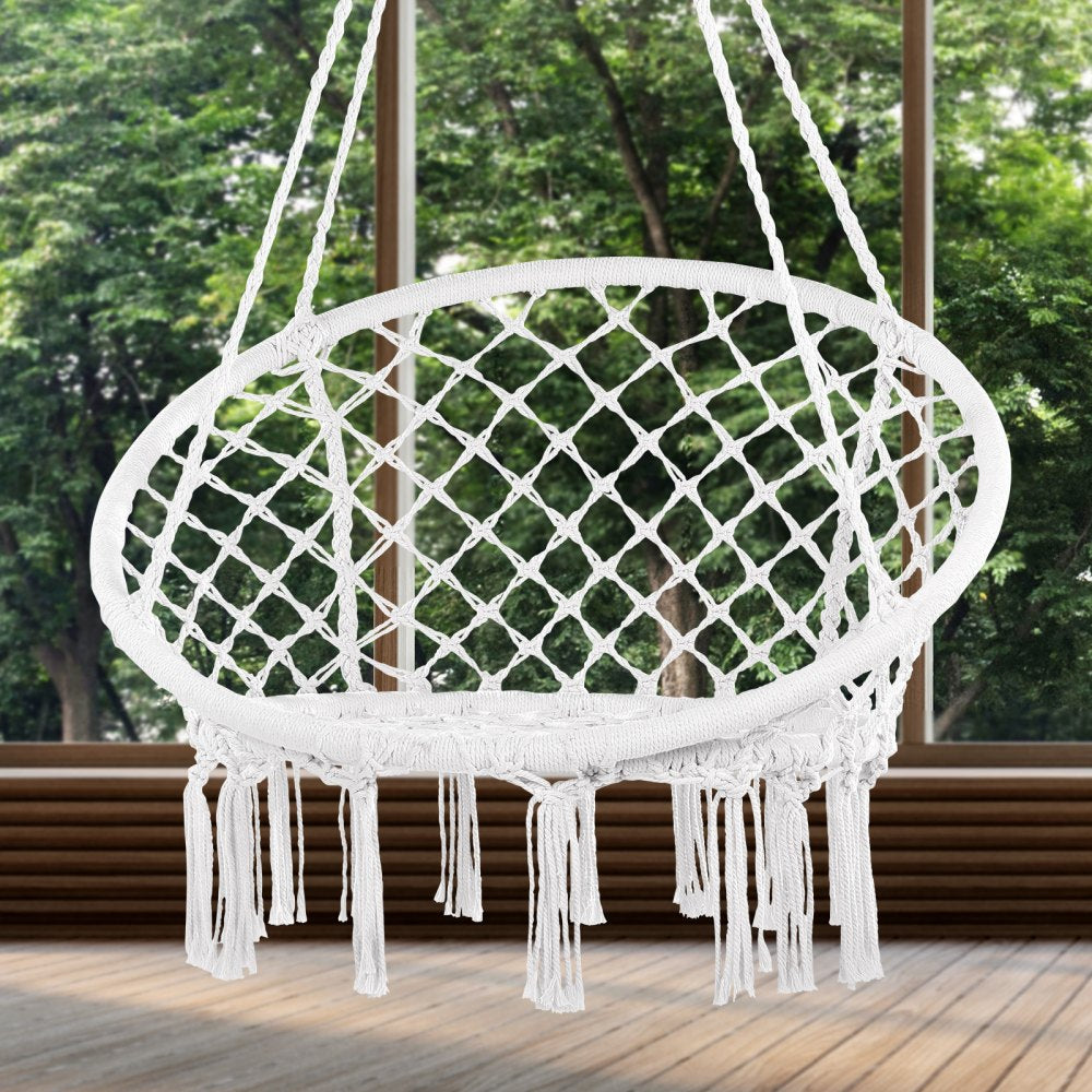VEVOR Hanging Hammock Swing Chair, 330 Lbs Capacity, Macramé Hanging Chair with Mounting Hardware, Cotton Rope Swing Chair for Bedroom, Balcony, Patio, Garden, White