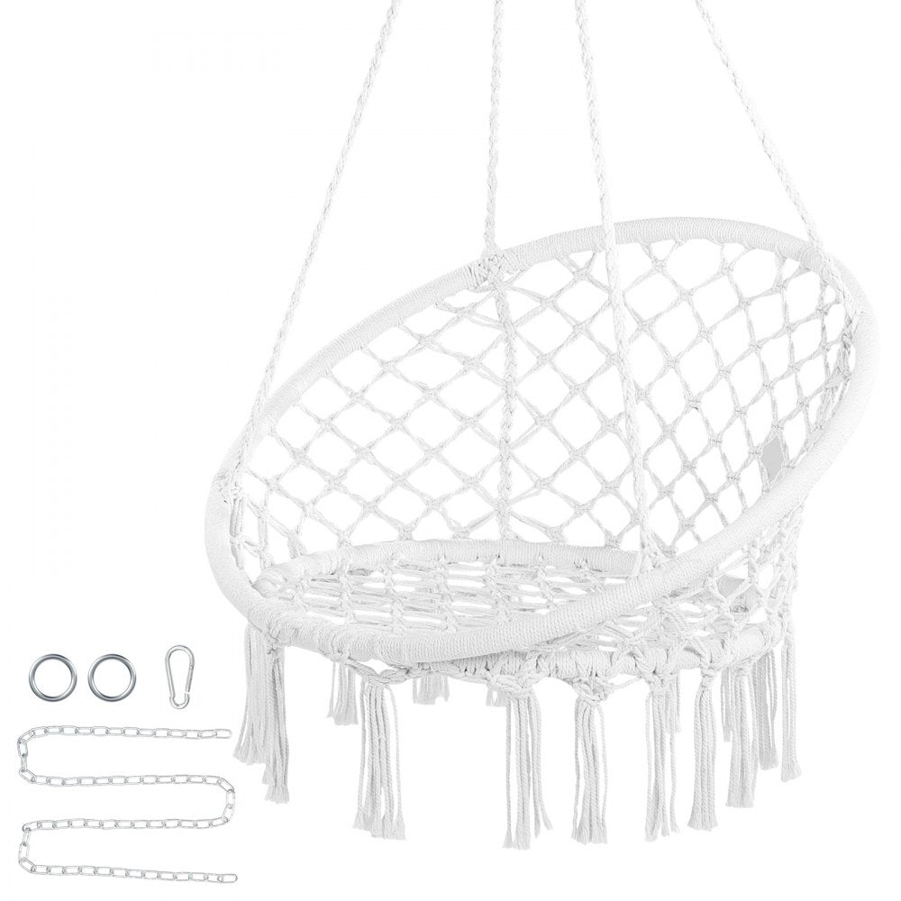 VEVOR Hanging Hammock Swing Chair, 330 Lbs Capacity, Macramé Hanging Chair with Mounting Hardware, Cotton Rope Swing Chair for Bedroom, Balcony, Patio, Garden, White