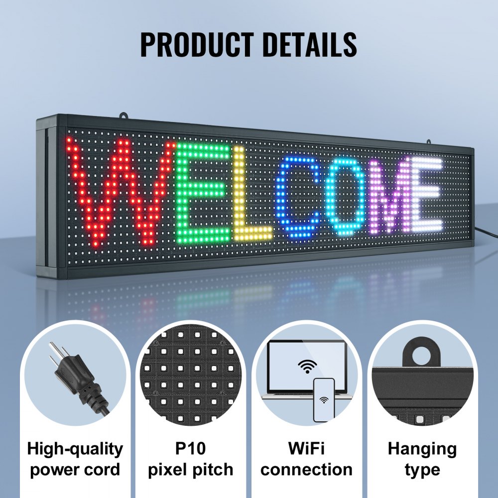 VEVOR LED Message Board, P10 Full Color Scrolling Display, Customizable Text and Animation via WIFI or USB, Ideal for Retail, Parties, and Bars, 52"x8"
