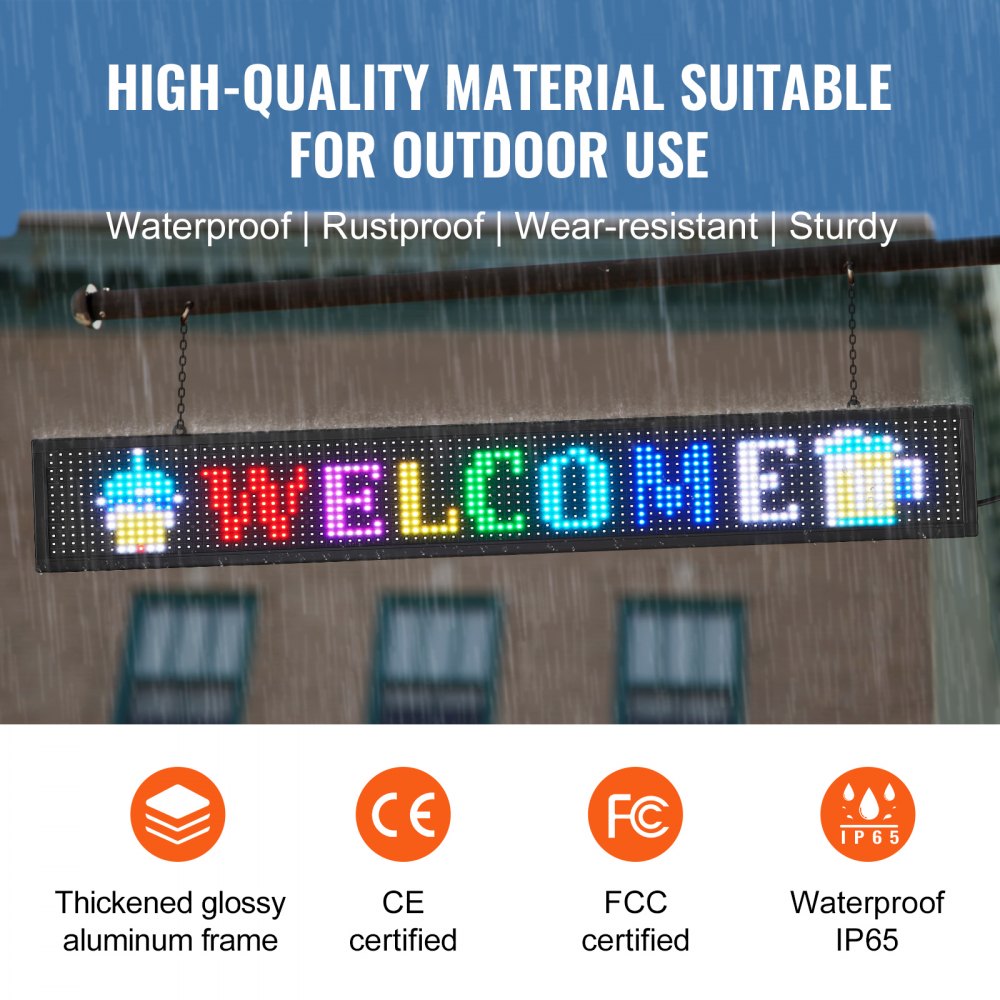 VEVOR LED Message Board, P10 Full Color Scrolling Display, Customizable Text and Animation via WIFI or USB, Ideal for Retail, Parties, and Bars, 52"x8"
