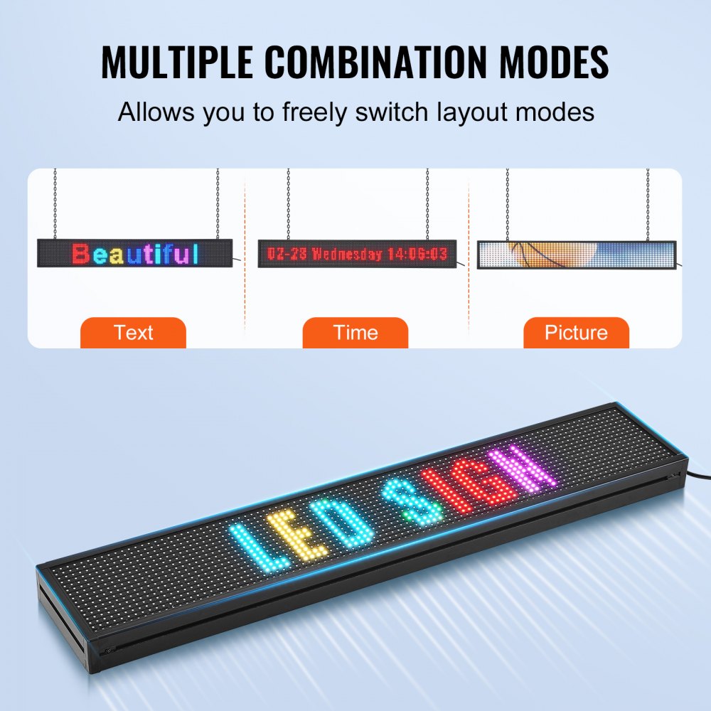 VEVOR LED Message Board, P10 Full Color Scrolling Display, Customizable Text and Animation via WIFI or USB, Ideal for Retail, Parties, and Bars, 52"x8"