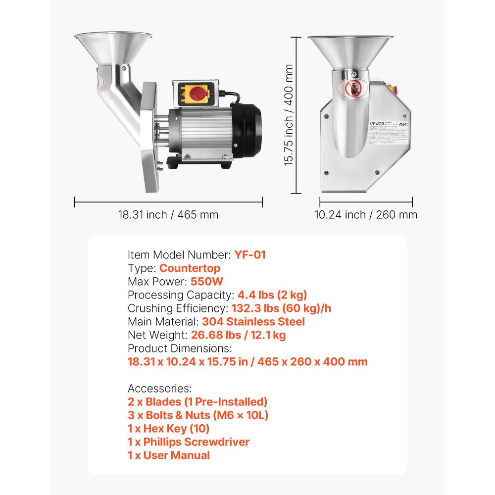 VEVOR 550W Electric Fruit Apple Crusher, SUS304 Desktop Crushing Machine, Grinds Whole Apples Up to 2.76" Dia, 60 KG/H Capacity, Cider Press for Apples, Pears, Pineapple, Guava, Carrot, Potato