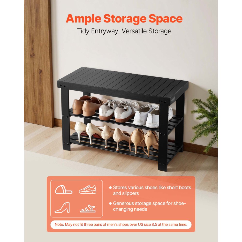 VEVOR Shoe Rack Bench, 3-Tier Bamboo Entryway Bench, Shoe Storage Organizer Holds Up to 286 lbs, 27.6 x 11.3 x 17.8 Inches, for Front Door, Hallway, Living Room, Bedroom, Black