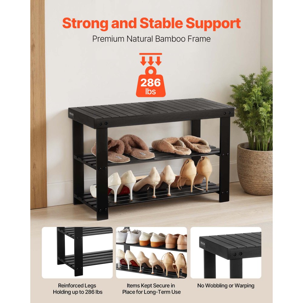 VEVOR Shoe Rack Bench, 3-Tier Bamboo Entryway Bench, Shoe Storage Organizer Holds Up to 286 lbs, 27.6 x 11.3 x 17.8 Inches, for Front Door, Hallway, Living Room, Bedroom, Black