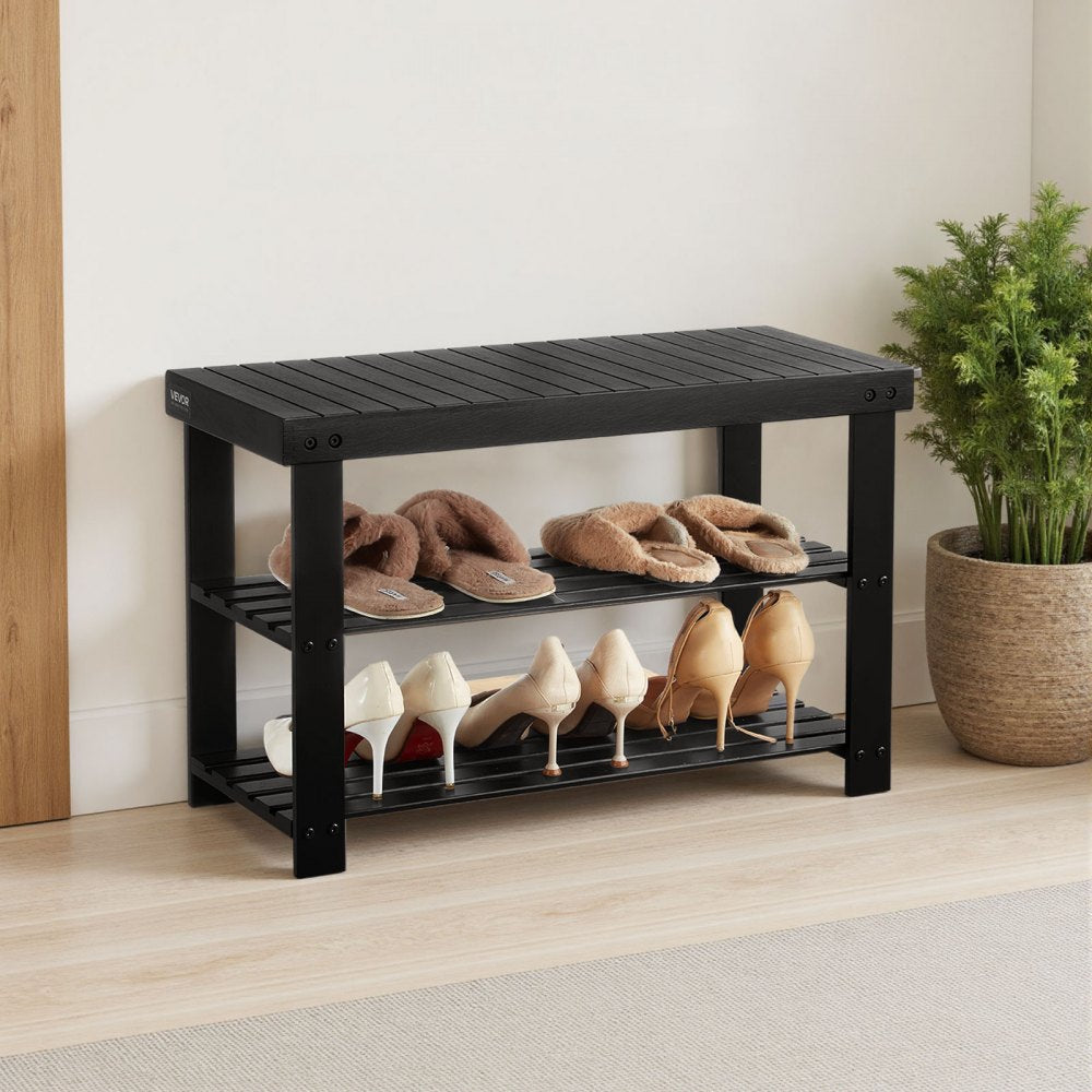 VEVOR Shoe Rack Bench, 3-Tier Bamboo Entryway Bench, Shoe Storage Organizer Holds Up to 286 lbs, 27.6 x 11.3 x 17.8 Inches, for Front Door, Hallway, Living Room, Bedroom, Black