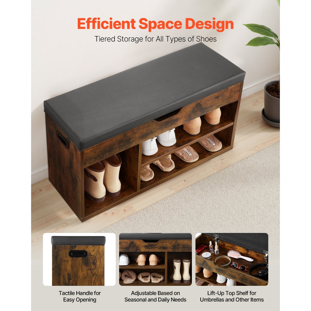 VEVOR Entryway Shoe Bench, 31.7 x 12.0 x 17.5 Inch Shoe Storage Organizer with Lift Top Storage Space, 300lbs Bench with Cushion Seat and 3 Cabinets for Hallway, Living Room, Bedroom, Brown + Black