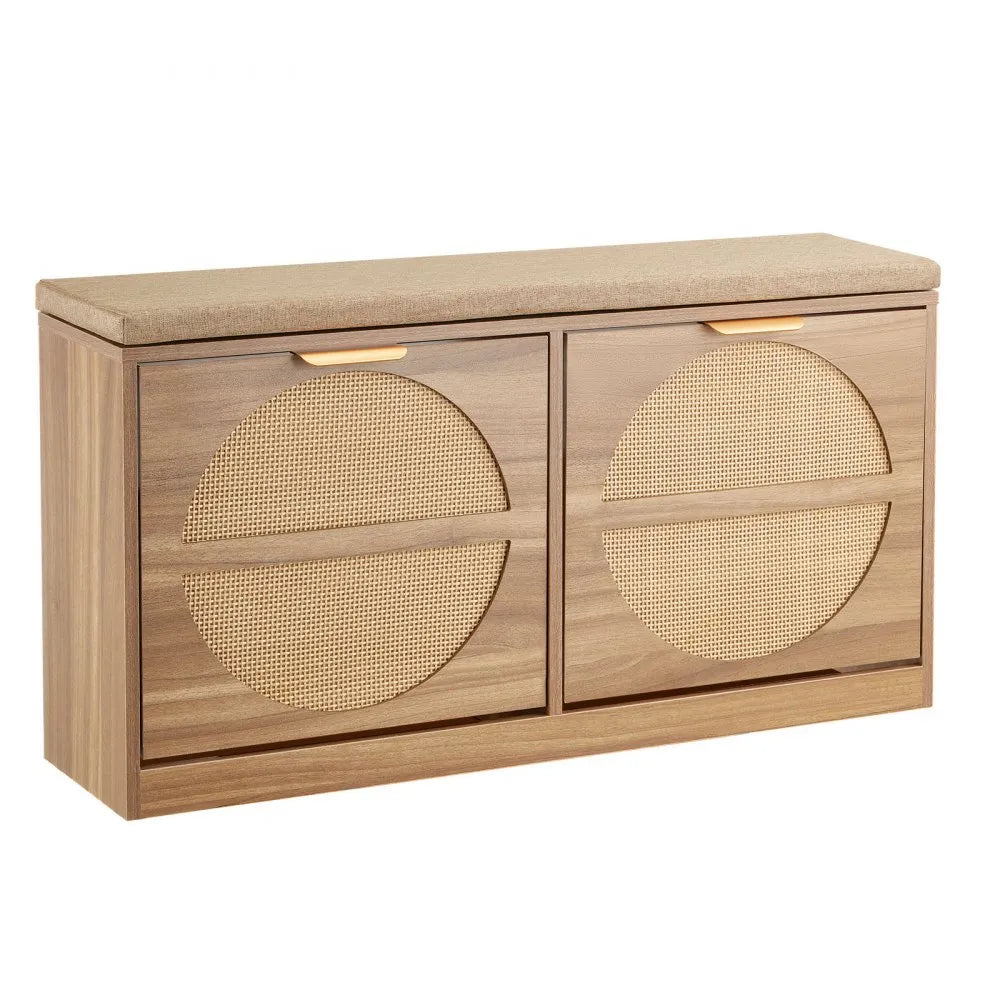 VEVOR Entryway Shoe Storage Bench 38.9" Wide 2-Tier Shoe Bench Rattan-Like, with 2 Flip Drawers, 440 lbs Load Capacity Storage Rack with Padded Seat Cushion, for Hallway, Living Room, and Bedroom