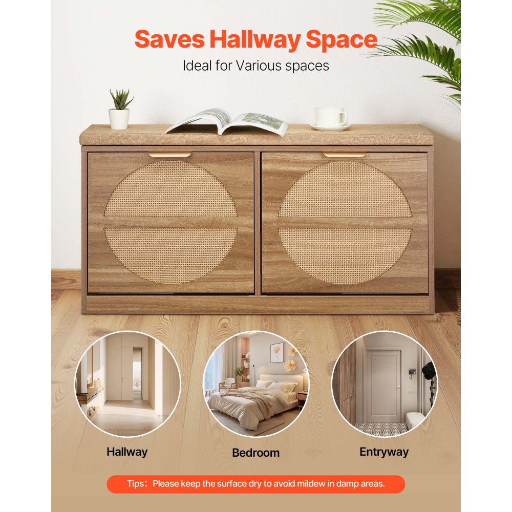 VEVOR Entryway Shoe Bench, 38.9 x 9.4 x 19.7 Inch Rattan-Like Shoes Bench with Flip Drawers, 440lbs Shoe Storage Rack with Cushion, 4 Compartments and Rattan Doors, for Hallway, Living Room, Bedroom