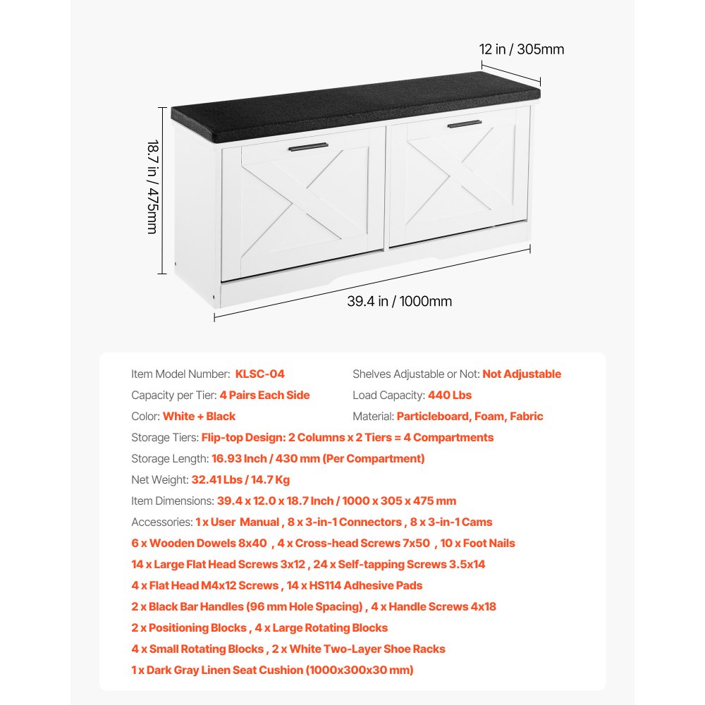 VEVOR Entryway Shoe Storage Bench, 39.4 x 12.0 x 18.7 Inch Shoe Organizer with Flip Drawers, 440lbs Narrow Shoes Rack Bench with Cushion & Flip Doors, for Hallway, Living Room, Bedroom, Black + White