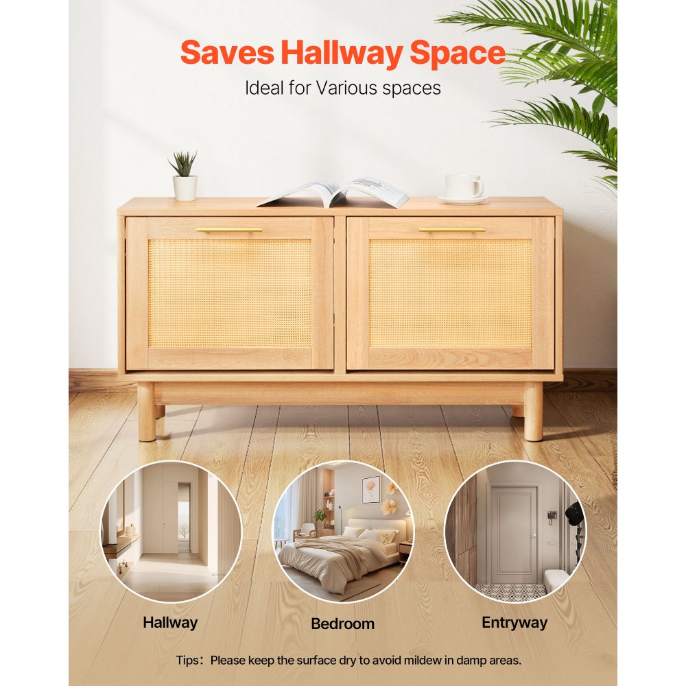 VEVOR Entryway Shoe Bench, 39.4 x 11.8 x 20.9 Inch Rattan-Like Shoes Bench with 2 Flip Drawers, 300lbs Shoe Storage Rack with 4 Compartments and 2 Rattan Doors, for Hallway, Living Room, Bedroom
