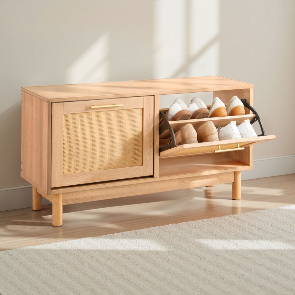 VEVOR Entryway Shoe Bench, 39.4 x 11.8 x 20.9 Inch Rattan-Like Shoes Bench with 2 Flip Drawers, 300lbs Shoe Storage Rack with 4 Compartments and 2 Rattan Doors, for Hallway, Living Room, Bedroom