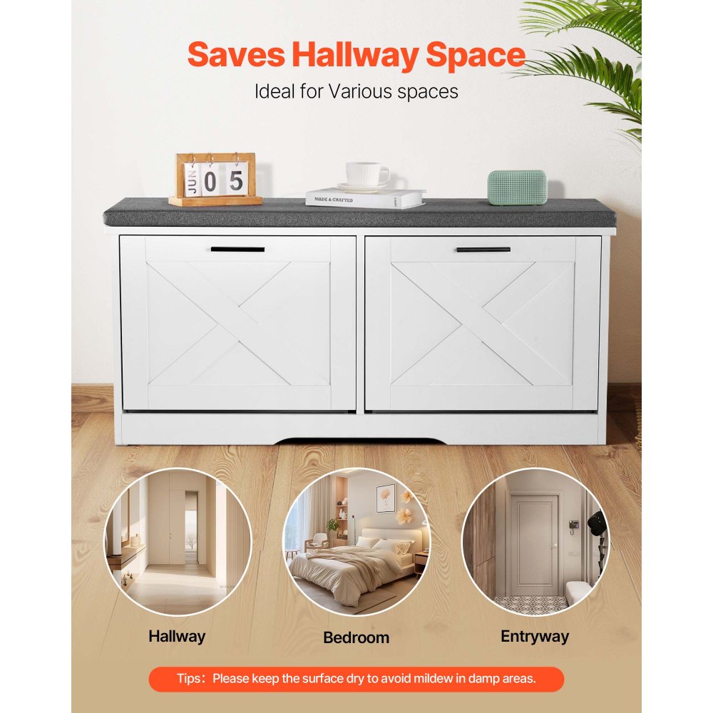 VEVOR Entryway Shoe Storage Bench 39.4" Wide 2-Tier Shoe Bench Black White, with 2 Flip Drawers, 440 lbs Load Capacity Storage Rack with Padded Seat Cushion, for Hallway, Living Room, and Bedroom
