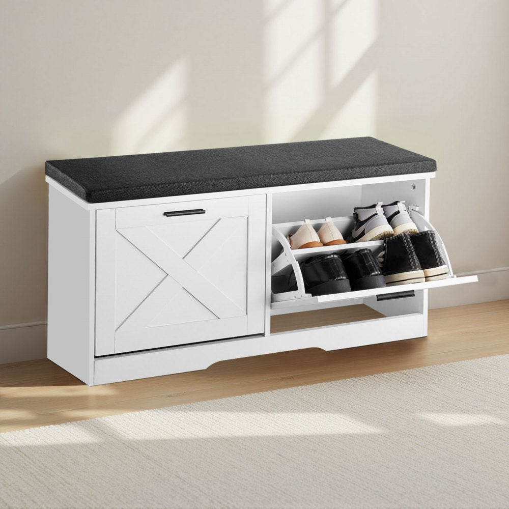 VEVOR Entryway Shoe Storage Bench 39.4" Wide 2-Tier Shoe Bench Black White, with 2 Flip Drawers, 440 lbs Load Capacity Storage Rack with Padded Seat Cushion, for Hallway, Living Room, and Bedroom
