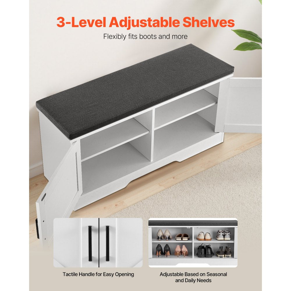 VEVOR Shoe Storage Bench, 39.4 x 14.0 x 18.1 Inch Shoe Organizer with Padded Seat Cushion, Entryway Bench with 2 Barn Doors and Height Adjustable Shelf, for Hallway, Living Room, Bedroom, White+Black