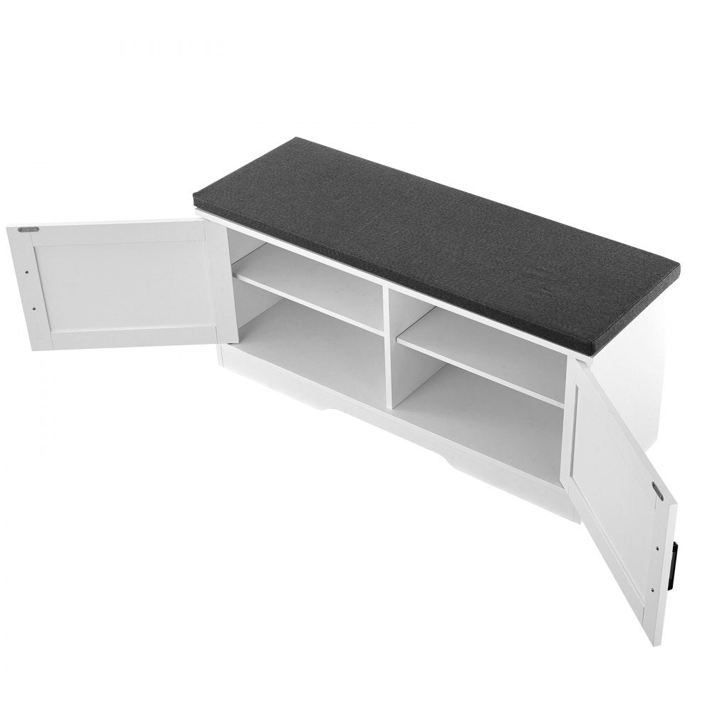 VEVOR Shoe Storage Bench, 39.4 x 14.0 x 18.1 Inch Shoe Organizer with Padded Seat Cushion, Entryway Bench with 2 Barn Doors and Height Adjustable Shelf, for Hallway, Living Room, Bedroom, White+Black