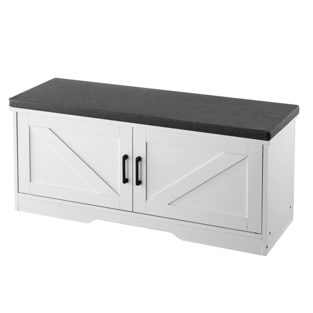 VEVOR Shoe Storage Bench, 39.4 x 14.0 x 18.1 Inch Shoe Organizer with Padded Seat Cushion, Entryway Bench with 2 Barn Doors and Height Adjustable Shelf, for Hallway, Living Room, Bedroom, White+Black