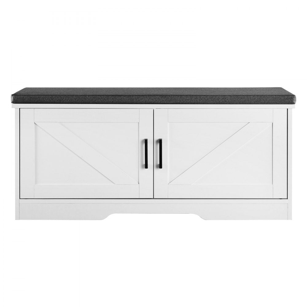 VEVOR Shoe Storage Bench, 39.4 x 14.0 x 18.1 Inch Shoe Organizer with Padded Seat Cushion, Entryway Bench with 2 Barn Doors and Height Adjustable Shelf, for Hallway, Living Room, Bedroom, White+Black