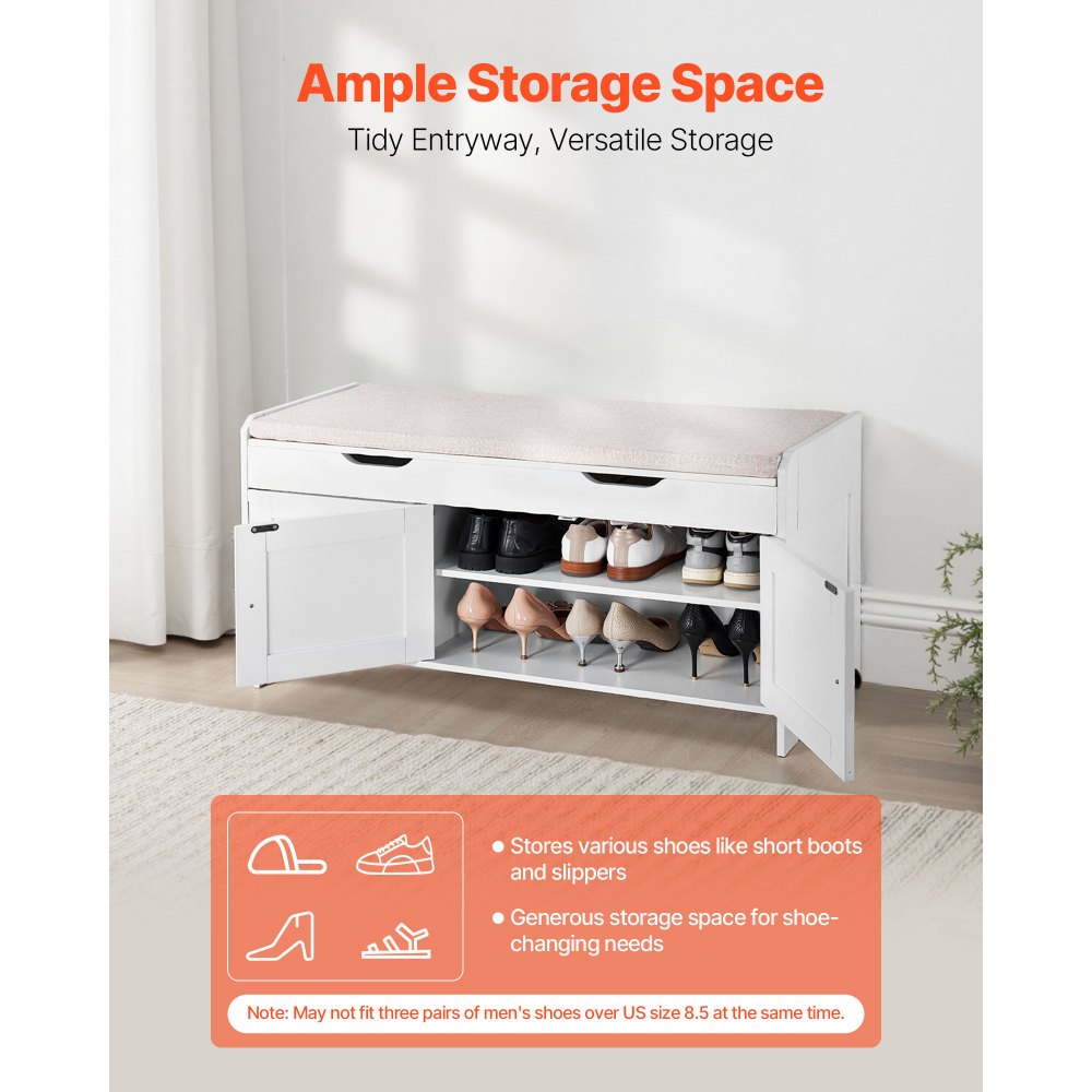 VEVOR Shoe Bench, 41.3 x 13.8 x 19.8 Inch Entryway Bench with Lift Top Storage and Seat Cushion, 250lbs Shoe Rack with 3 Cabinets and Height Adjustable Shelf, for Bedroom, Hallway, White + Black