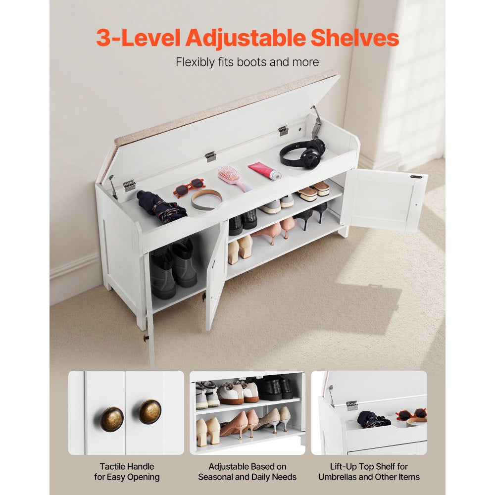 VEVOR Shoe Bench, 41.3 x 13.8 x 19.8 Inch Entryway Bench with Lift Top Storage and Seat Cushion, 250lbs Shoe Rack with 3 Cabinets and Height Adjustable Shelf, for Bedroom, Hallway, White + Black