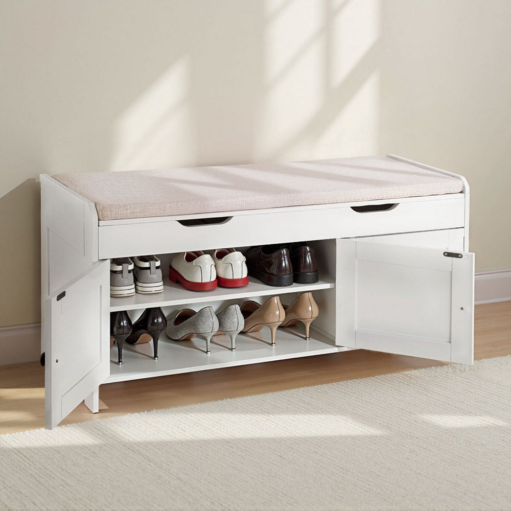 VEVOR Shoe Bench, 41.3 x 13.8 x 19.8 Inch Entryway Bench with Lift Top Storage and Seat Cushion, 250lbs Shoe Rack with 3 Cabinets and Height Adjustable Shelf, for Bedroom, Hallway, White + Black
