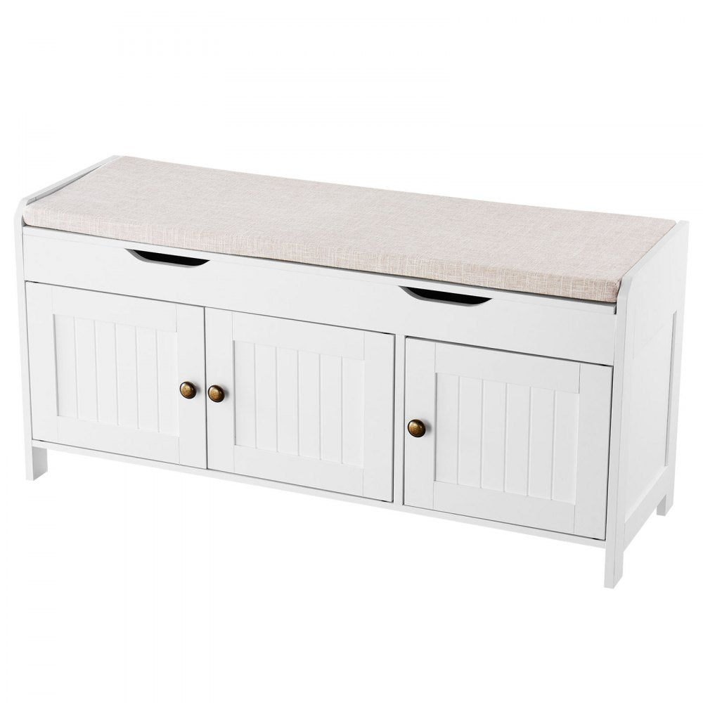 VEVOR Shoe Bench, 41.3 x 13.8 x 19.8 Inch Entryway Bench with Lift Top Storage and Seat Cushion, 250lbs Shoe Rack with 3 Cabinets and Height Adjustable Shelf, for Bedroom, Hallway, White + Black