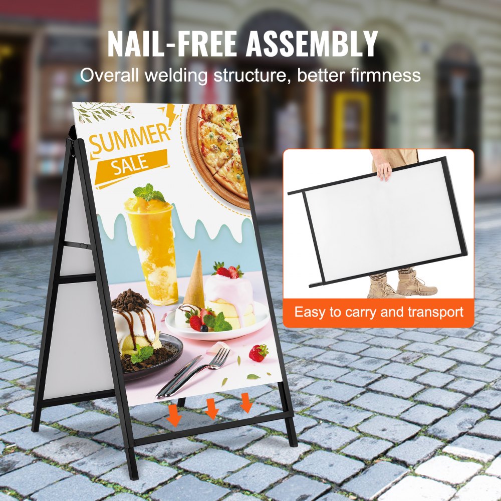 VEVOR A Frame Sidewalk Sign, 24x36 Inch Heavy Duty Slide-in Signboard Holder, Double-Sided Folding Sandwich Board Signs, Steel Pavement Sign Poster for Outdoor Business Street Advertising (Frame only)