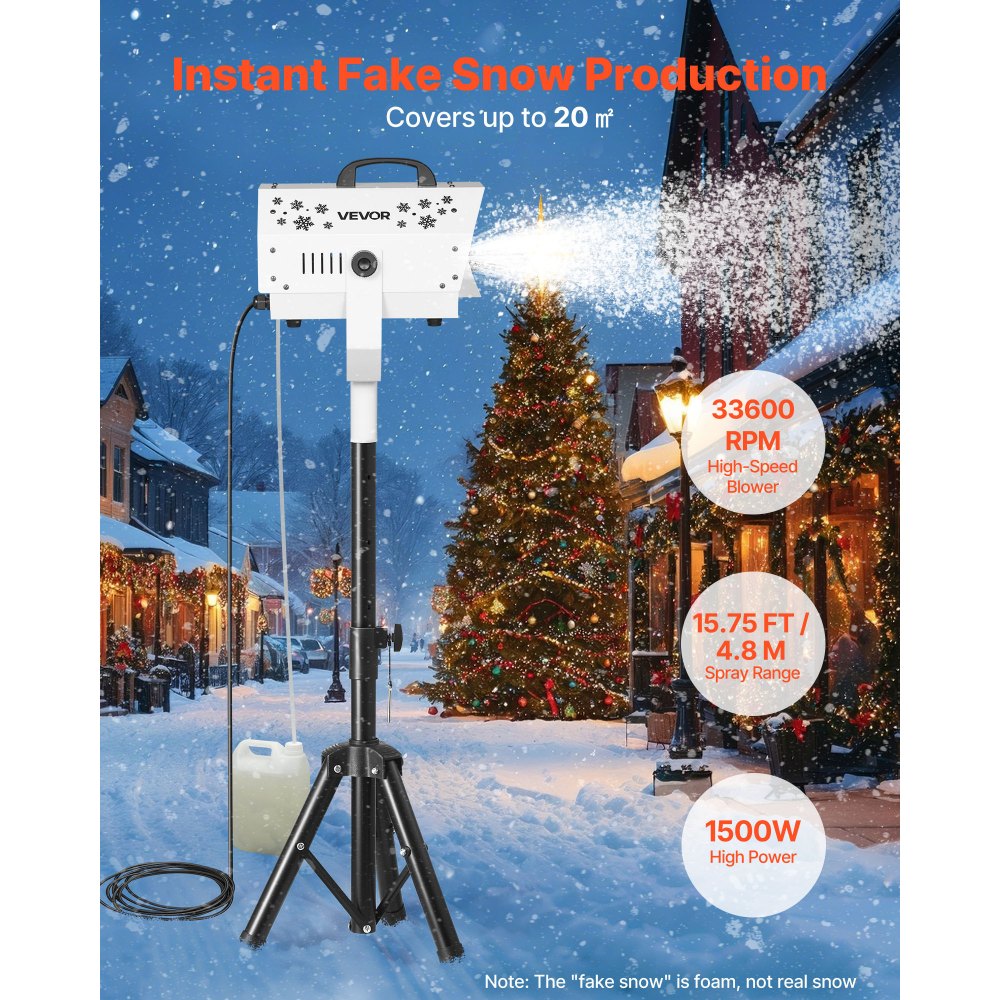 VEVOR Snow Machine, 1500W Fake Snow Maker with Adjustable Stand & Wireless Remote Control, High Output Snowflake Making Machine with 5L Tank for Christmas Party Stage Decor