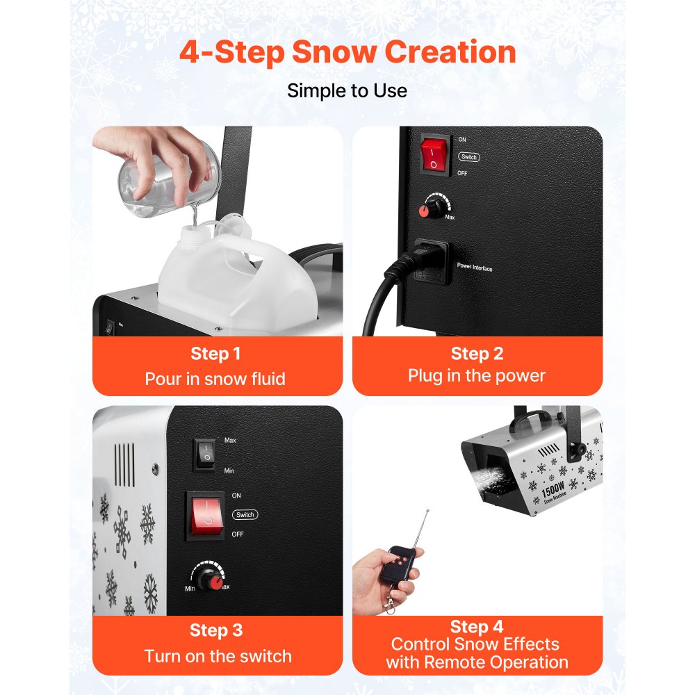 VEVOR Snow Machine, 1500W Handheld/Hanging Snow Maker By Wireless Remote Control, Portable Snowmaking Machine, High Output Snowflake Maker with 5L Tank for Christmas Party Wedding Stage Effects