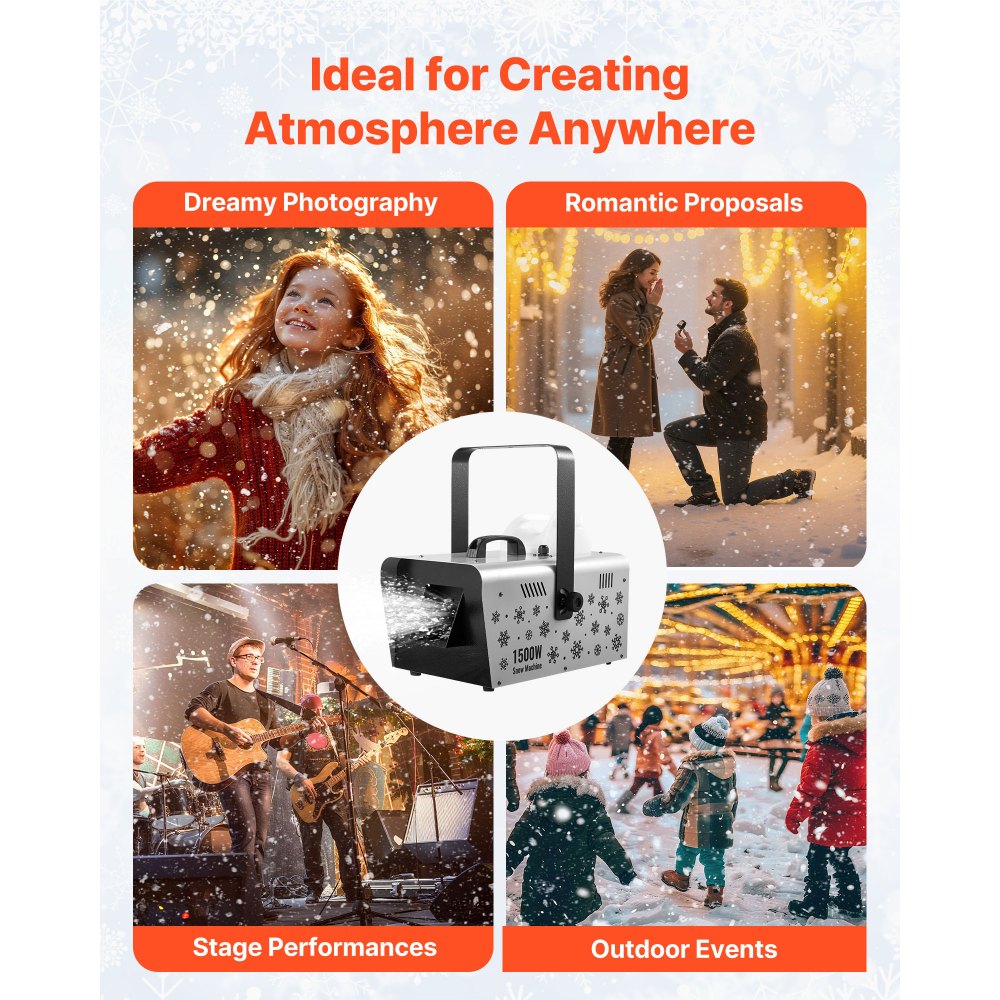 VEVOR Snow Machine, 1500W Handheld/Hanging Snow Maker By Wireless Remote Control, Portable Snowmaking Machine, High Output Snowflake Maker with 5L Tank for Christmas Party Wedding Stage Effects