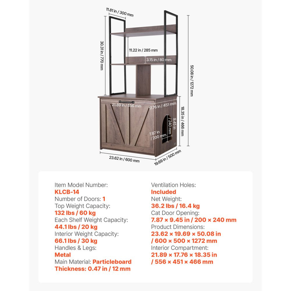 VEVOR Cat Litter Box Enclosure Furniture, 23.6 in Hidden Litter Box Cabinet with Storage Shelves, Modern Style, Waterproof Cat Washroom Side Table Cat House, Fit Most of Litterbox, for Living Room