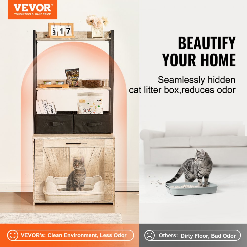 VEVOR Cat Litter Box Enclosure, Hidden Litter Box Furniture with 2 Storage Shelves & 2 Baskets, Wooden Cat Washroom Indoor, Cat House Cabinet Fit Most of Litter Box, 23.6"L x 19.7"W x 50"H, Natural