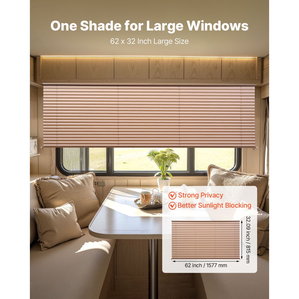 VEVOR RV Blinds, 62 in x 32 in, RV Pleated Shades, Polyester Fabric, Easy to Clean and Install, Privacy Protection and Sunlight Blocking, for Camper, Travel Trailer, Motorhome Window, Cappuccino
