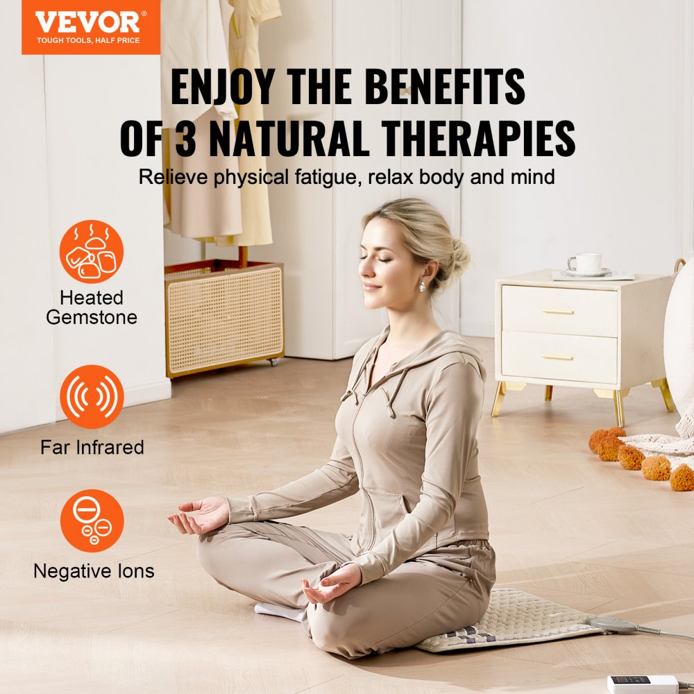VEVOR Far Infrared Heating Pad, Amethyst Gemstones Heating Mat with Negative Ions, 103-159℉ Hot Gemstone Therapy Mat with 0-12 Hours Timer for Back Hip Pain Relief (18 x 18-inch)