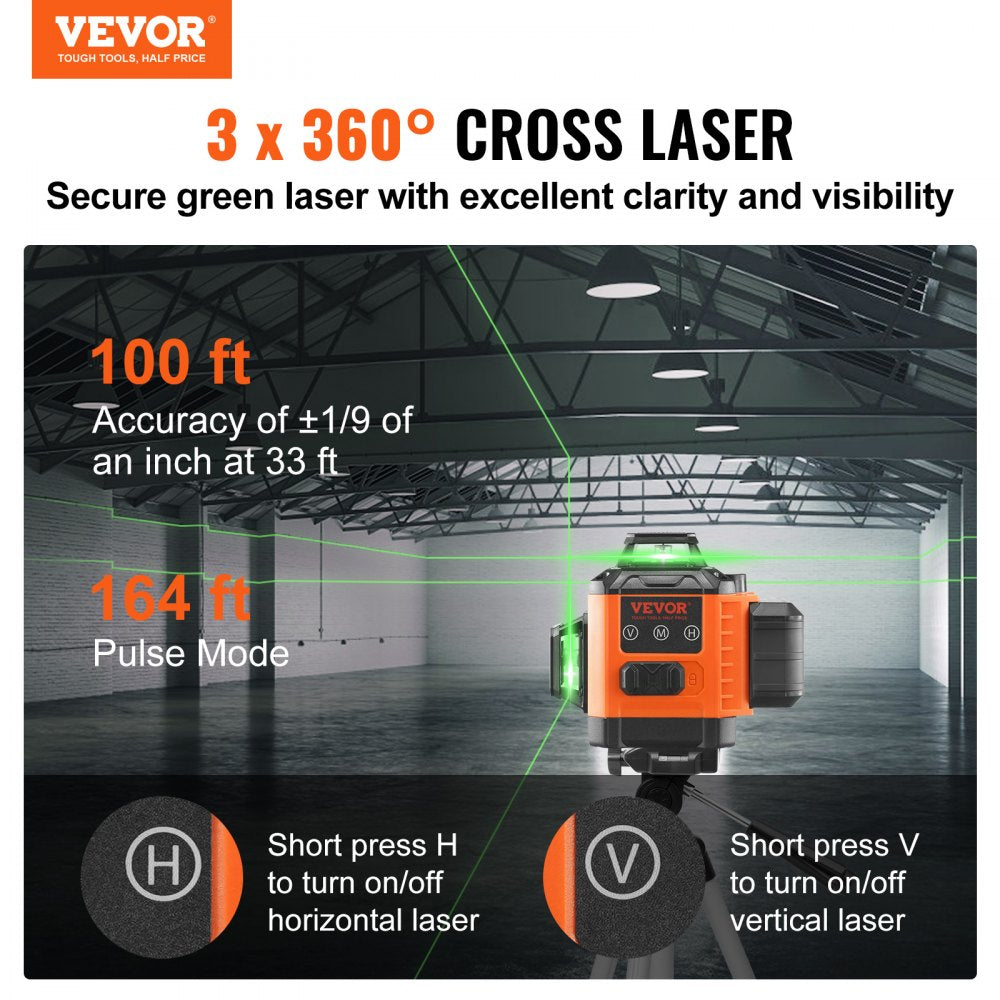 VEVOR 100ft Self Leveling Laser Level, Manual Green 3 x 360° Cross Line Laser, Manual Self-leveling Mode & IP54 Waterproof 8h Continuous Working Time Line Laser, Battery/Stand Included