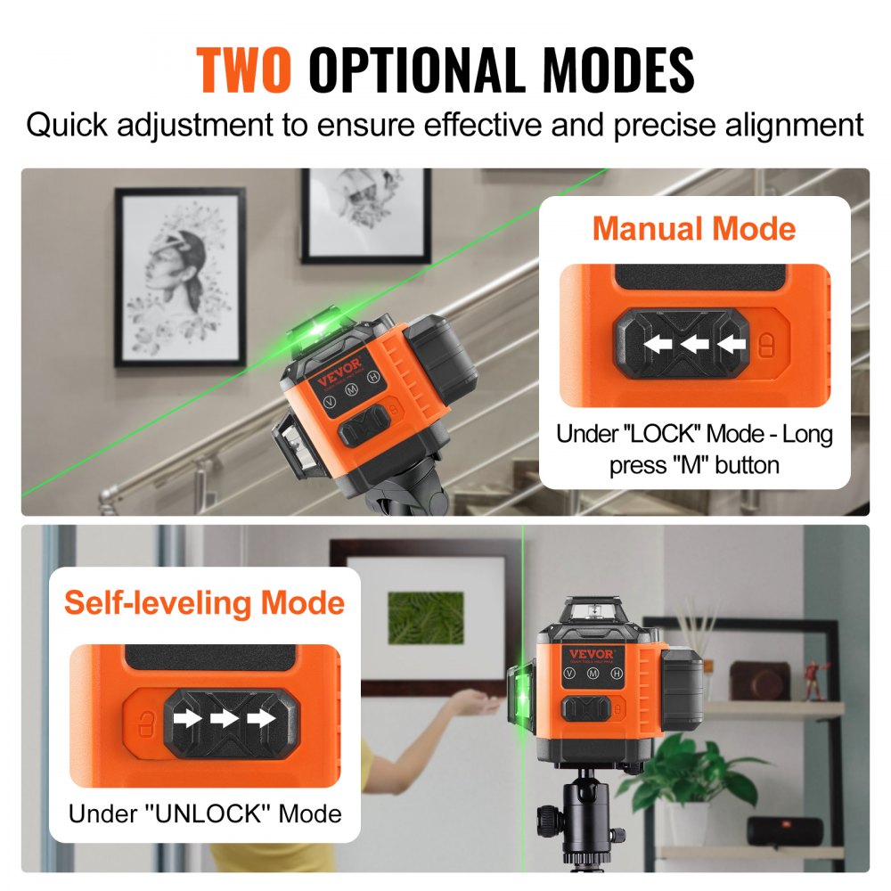 VEVOR 100ft Self Leveling Laser Level, Manual Green 3 x 360° Cross Line Laser, Manual Self-leveling Mode & IP54 Waterproof 8h Continuous Working Time Line Laser, Battery/Stand Included