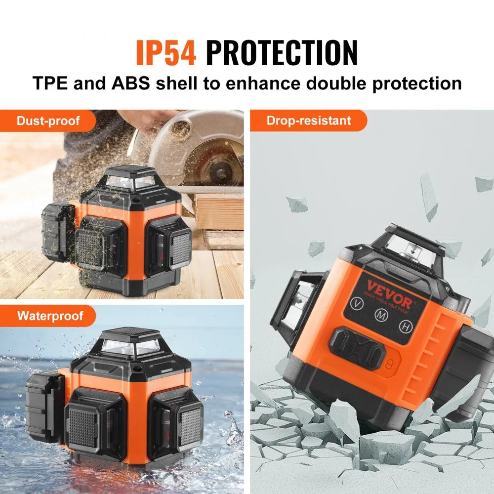 VEVOR 100ft Self Leveling Laser Level, Manual Green 3 x 360° Cross Line Laser, Manual Self-leveling Mode & IP54 Waterproof 8h Continuous Working Time Line Laser, Battery/Stand Included