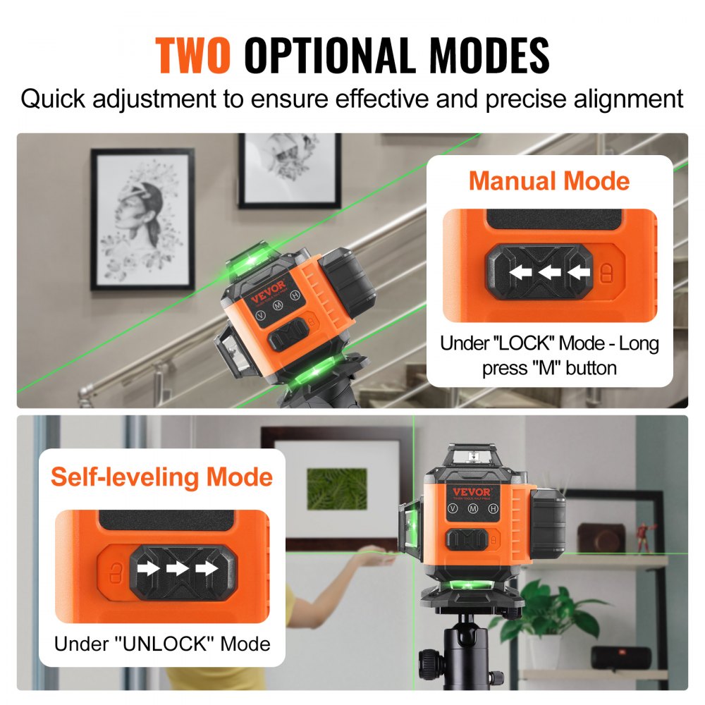 VEVOR Laser Level, 100ft, Self Leveling Manual Green 4 x 360° Cross 16 Line Laser, IP54 Waterproof Manual Self-leveling Mode & 5h Continuous Working Time Line Laser, Battery Include