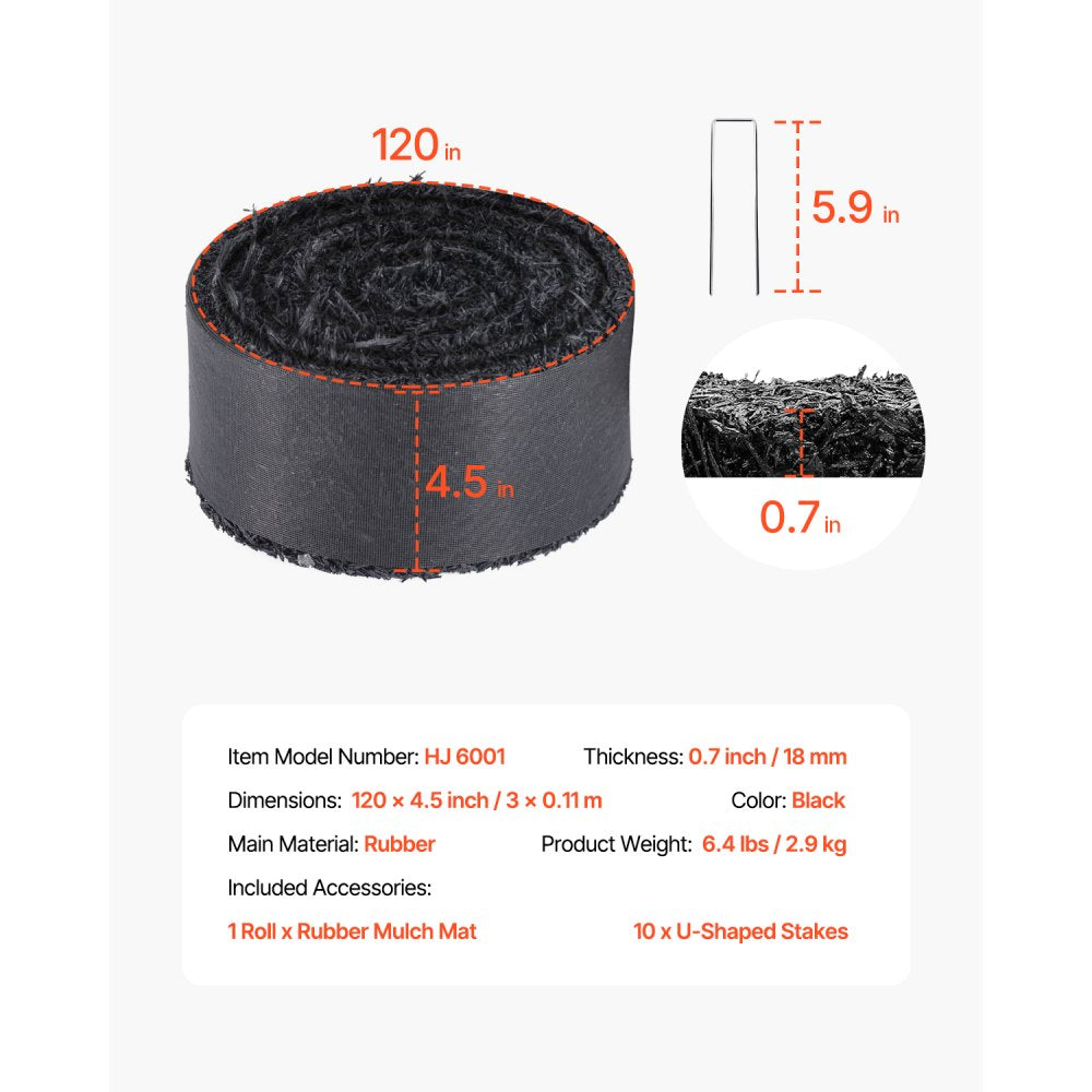 VEVOR Rubber Mulch for Landscaping, Recycled Rubber Mulch Mat 120 x 4.5 in, Permanent Rubber Pathway, Natural-Looking Black Mulch Garden Edging Border for Plants, Vegetables & Flower Garden Barrier