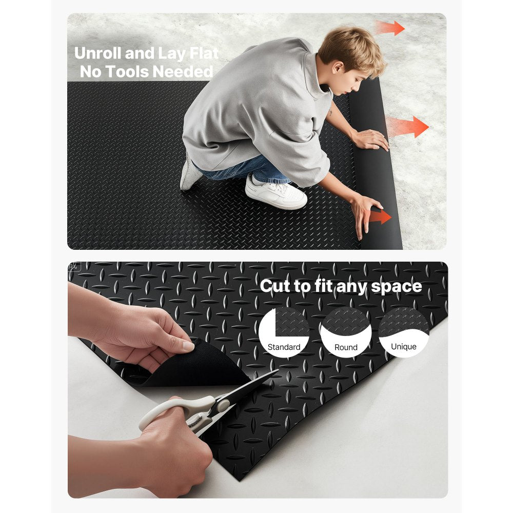 VEVOR Garage Floor Roll, 4 x 20 ft Garage Flooring Mat, 3 mm Thickened Rubber Diamond Plate Floor Protector Mat, Non-Slip, Wear-resist, Waterproof, Easy to Clean for Warehouse, Gyms,Trailer, Black