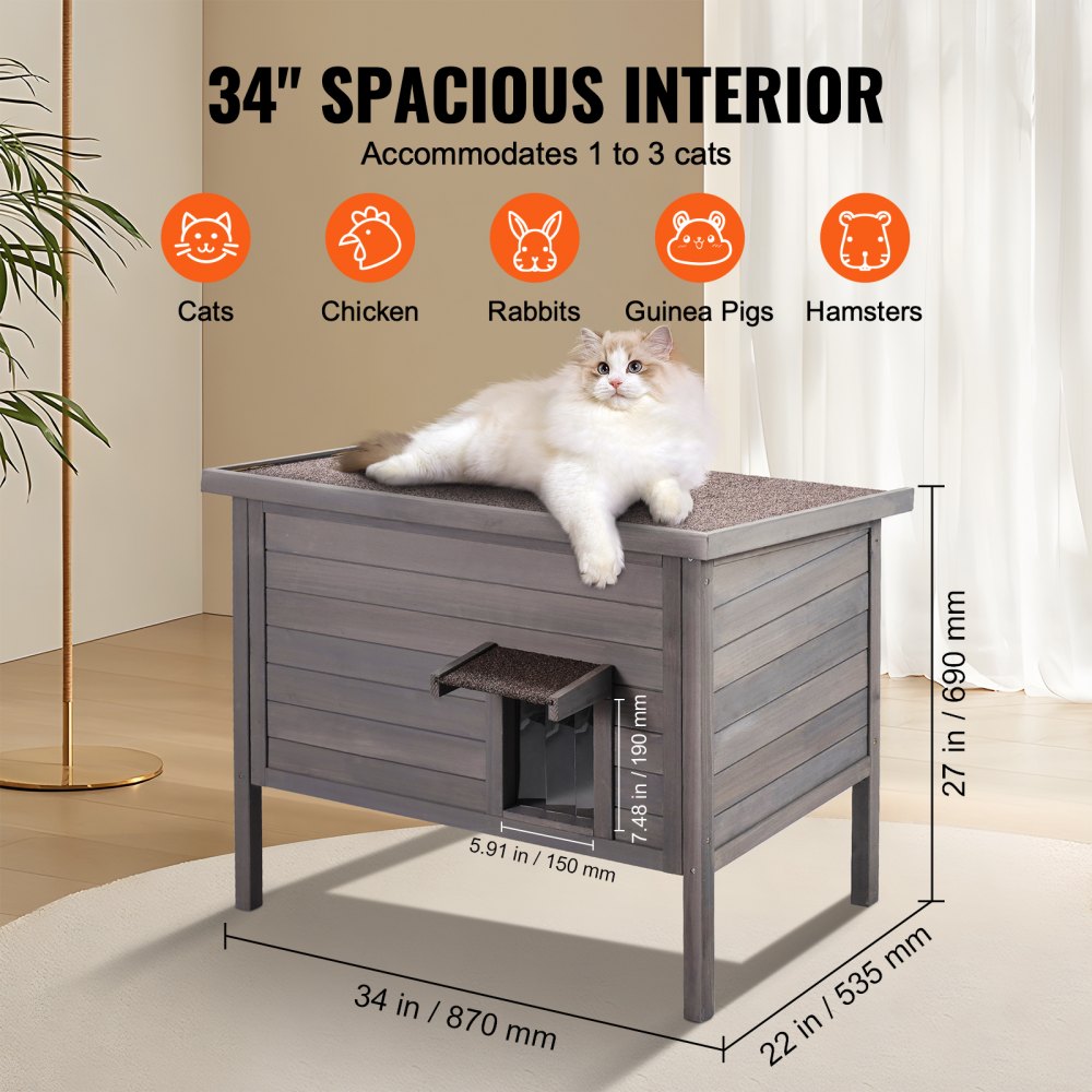 VEVOR Outdoor Cat House Weatherproof, Feral Cat Shelter for Multiple Cats, Outdoor Wooden Cat Rabbit House with All-Round Foam Insulated, Open Roof, PVC Door Flaps, 34"L x 22"W x 27"H