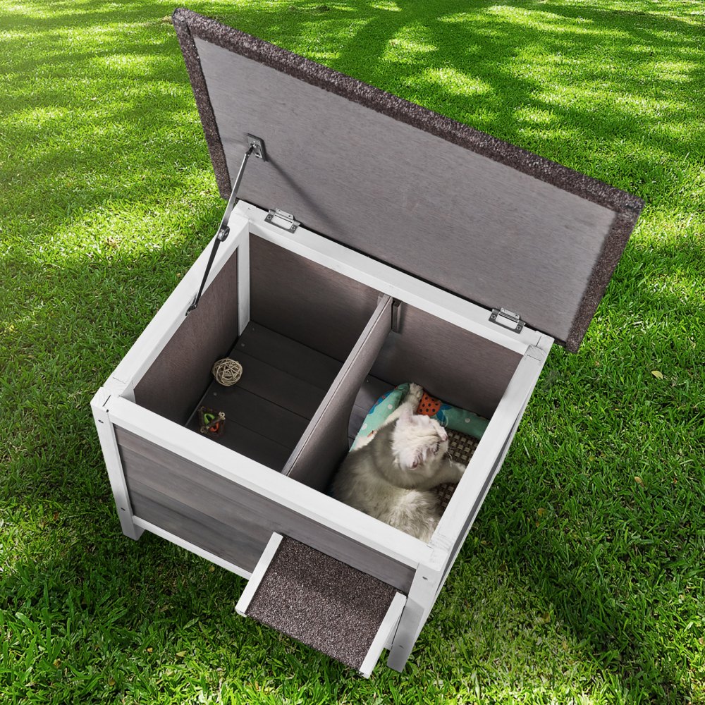 VEVOR Outdoor Cat House Weatherproof, Feral Cat Shelter for Multiple Cats, Outdoor Wooden Cat Rabbit House with All-Round Foam Insulated, Open Roof, PVC Door Flaps, 24"L x 20"W x 21"H